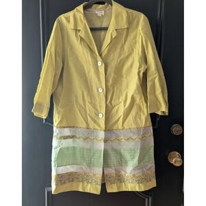 Vtg Chartreuse Linen Silk Blend Floral Embroidered Sheer Hem Long Line‎ Jacket